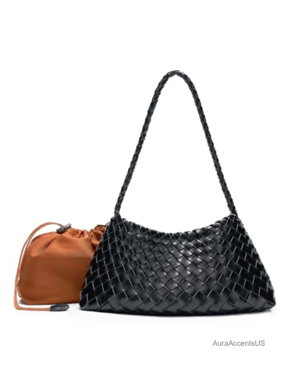 Vegan Leather Woven Hobo Shoulder Bag with Drawstring Pouch